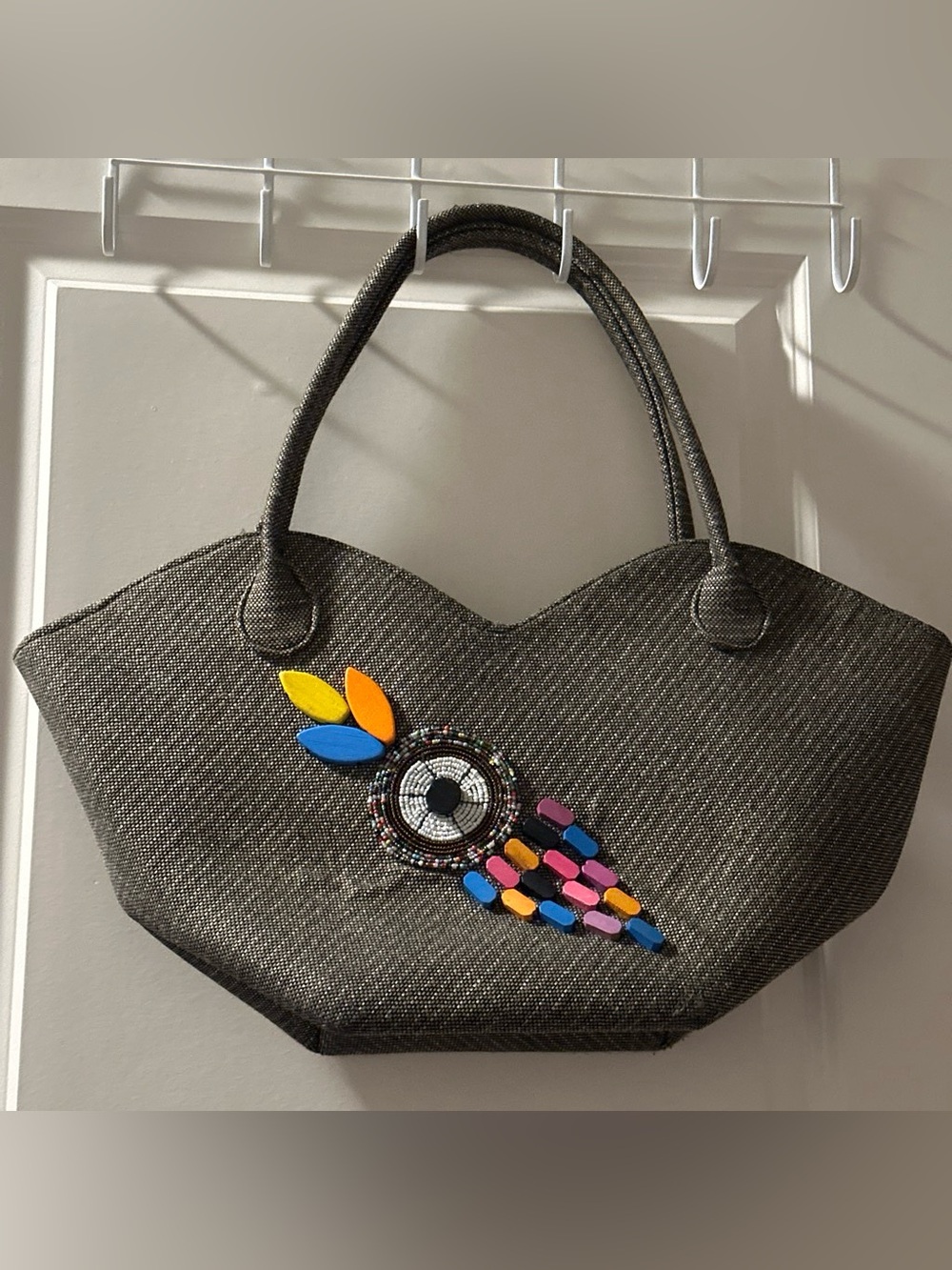 Brown Tote Bag with Colorful Beaded Accent